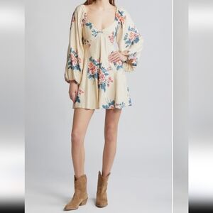 Free People Francesca Floral print Long Sleeve Mini dress Warm Ivory Sz M NWT